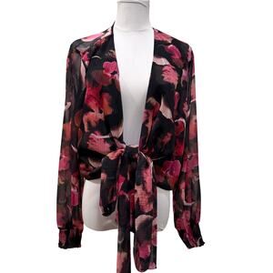 NWT Black Floral Sheer Chiffon Tie Front Long Sleeve Top Large Going Out V Neck